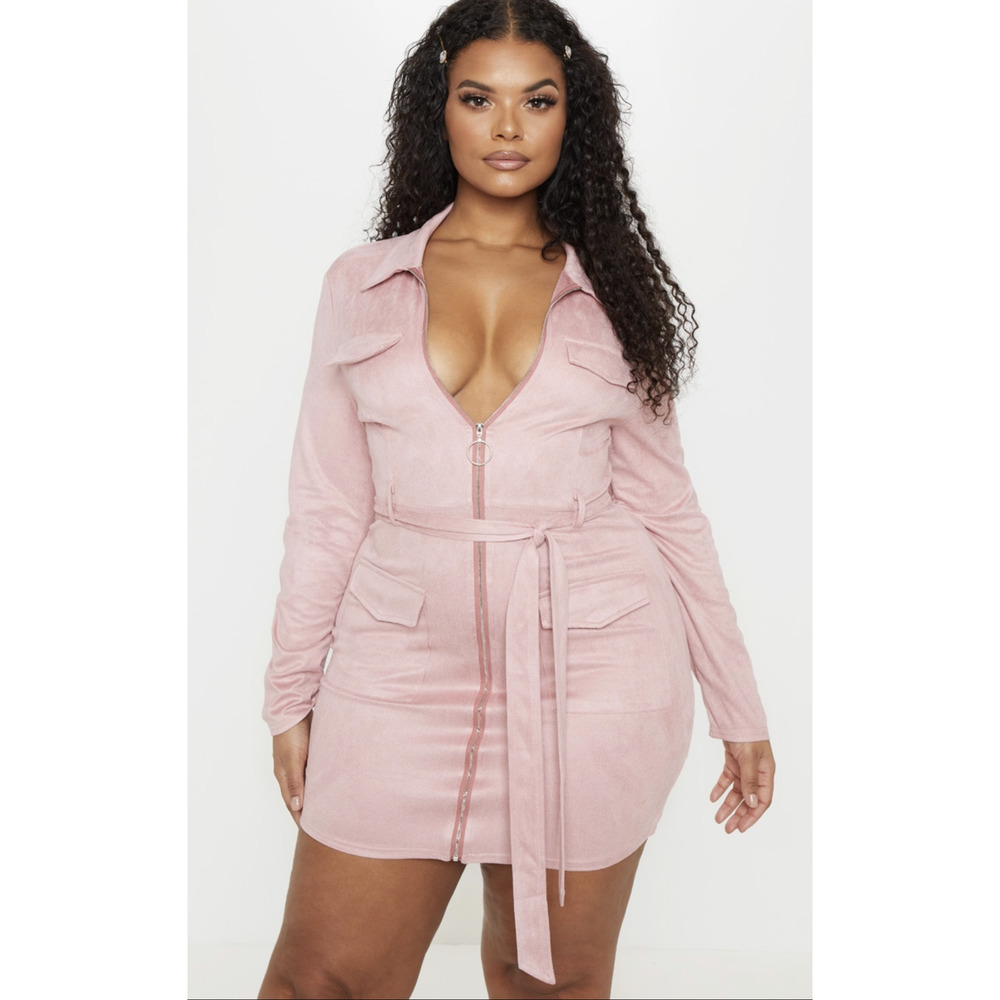 PLT PLUS DUSTY PINK FAUX SUEDE POCKET DETAIL BODYCON DRESS